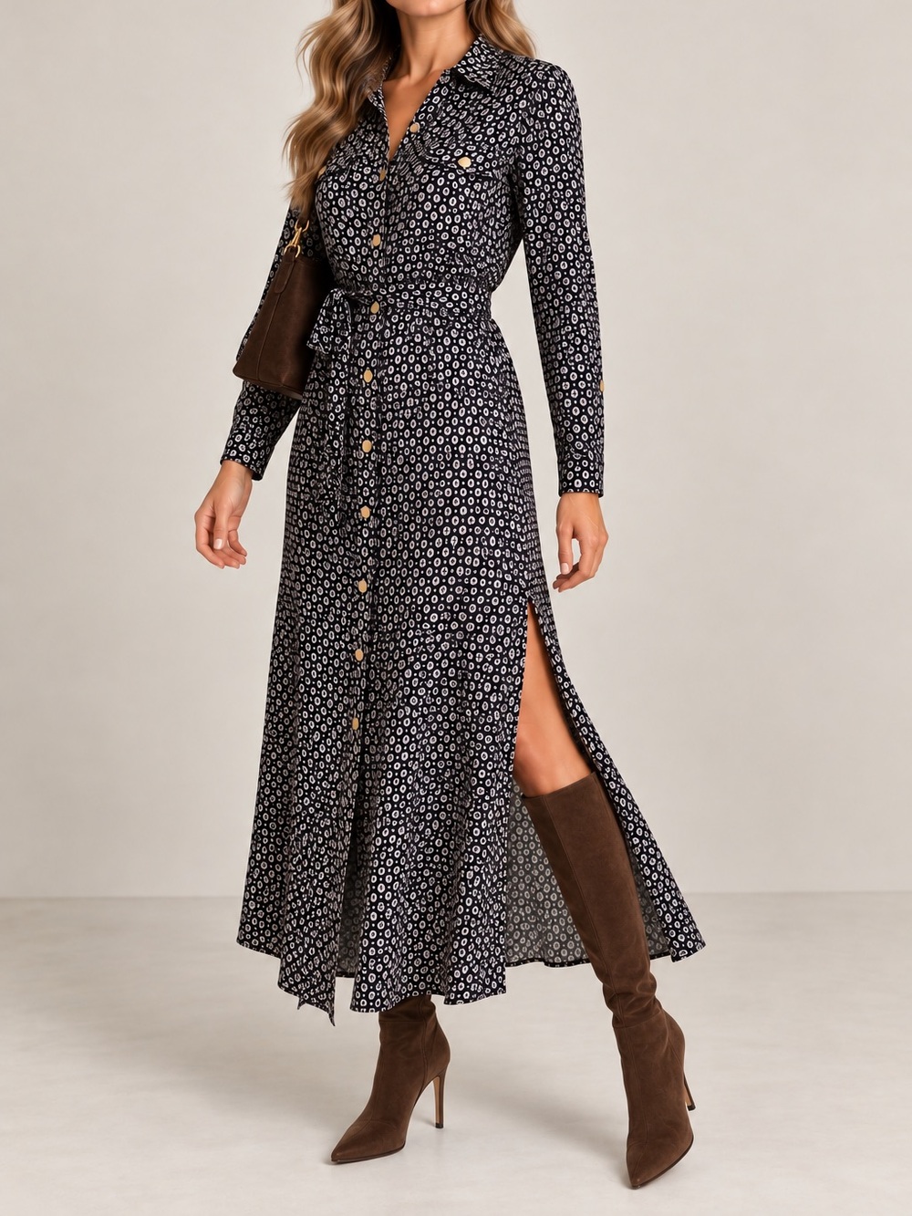 Long Sleeve Button-Front Print Shirt Dress in Black